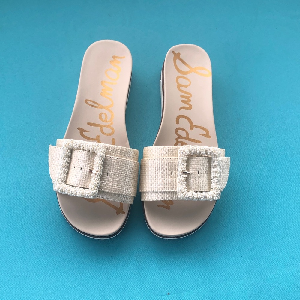 Sam Edelman Cream Textured Buckle Slide Sandals